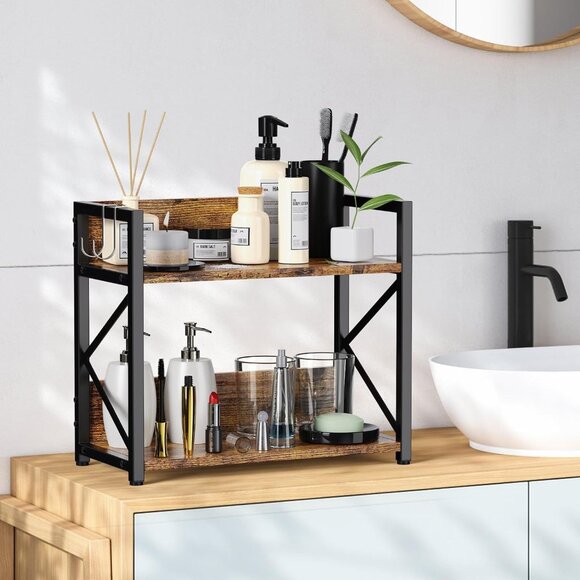 New 2-Tier Kitchen Counter Shelf Organizer, Coffee Bar Station Spice Rack, Brown - Picture 4 of 11